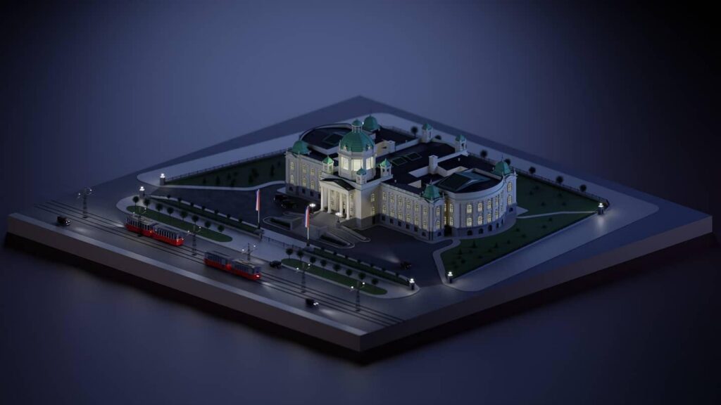 3D render of the isometric city block at night