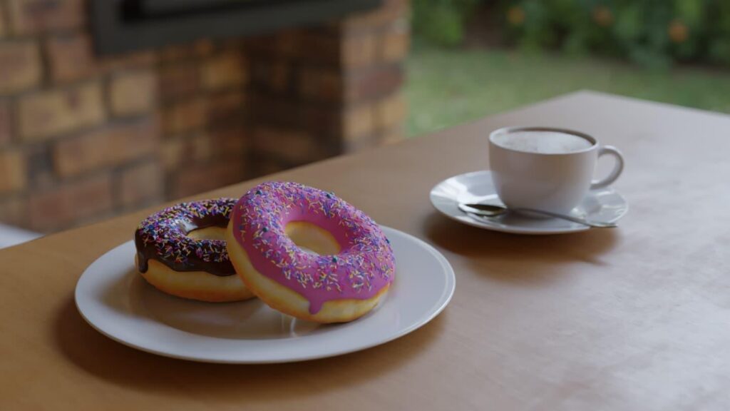 3D render of glazed donuts and a cup of coffee on a table