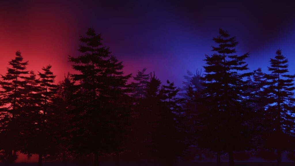 3D render of a forest silhouette under a red and blue night sky