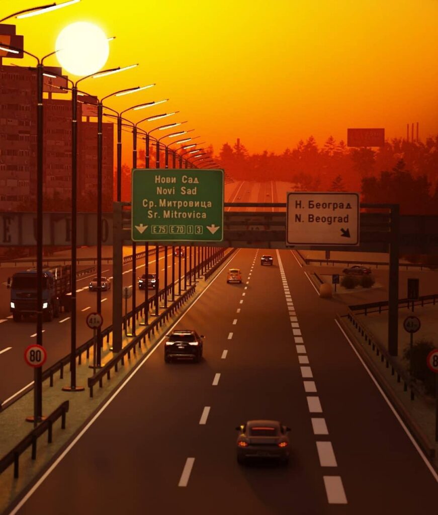 3D render of a highway at sunset