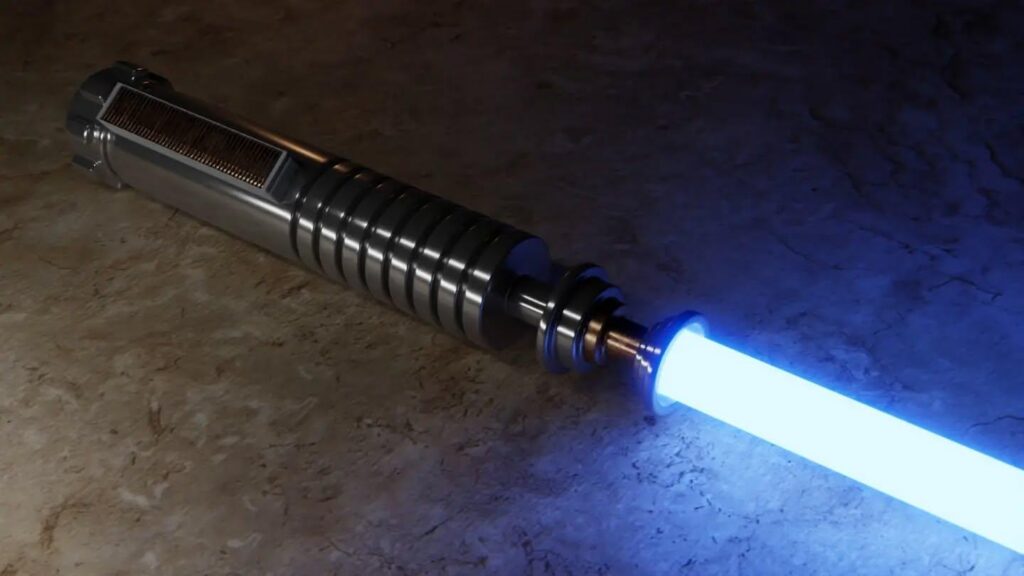 3D render of a glowing blue lightsaber on a dark surface