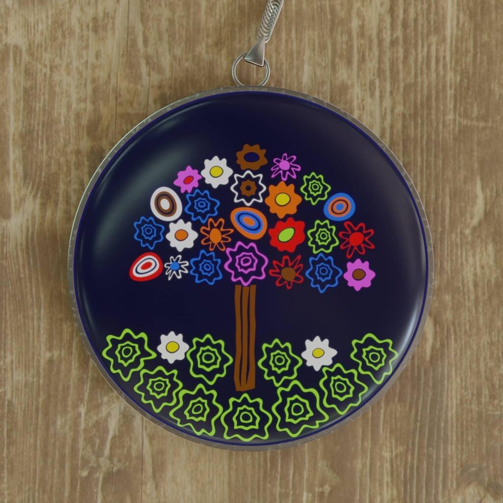 3D render of a decorated ornament with a flower tree pattern on wood