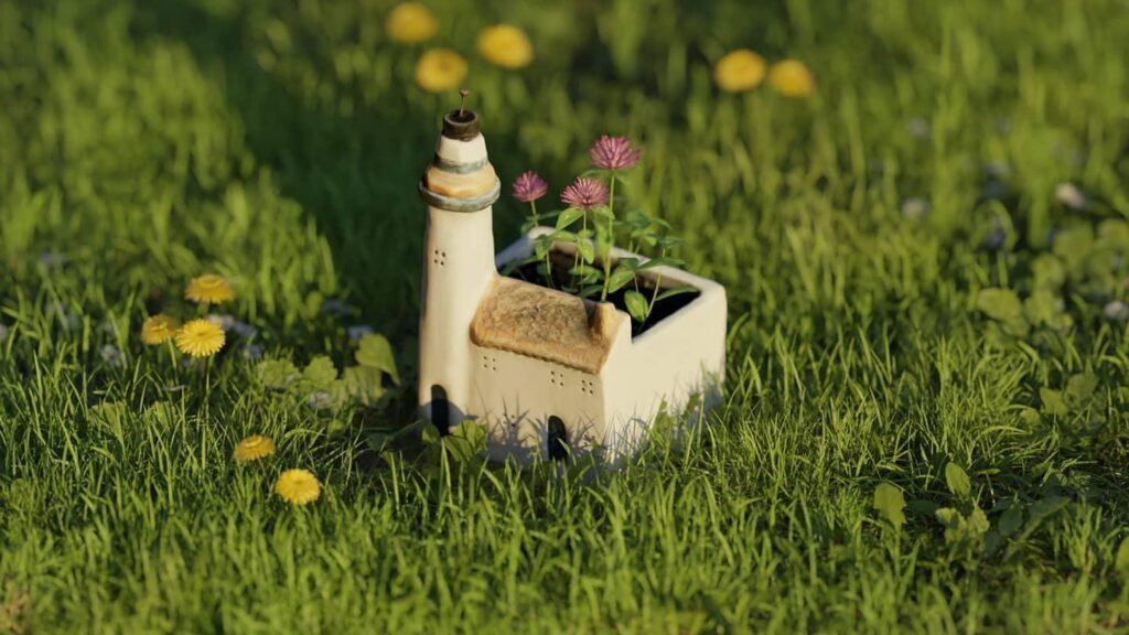 3D render of a tiny white house with flowers in the grass