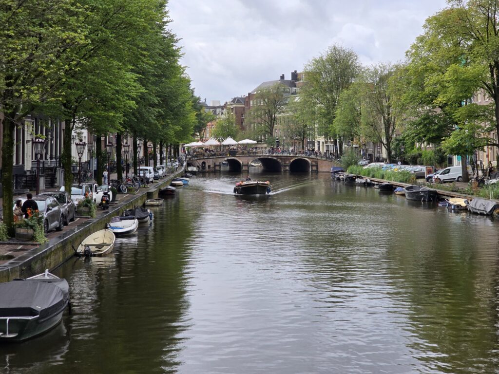 Tree-lined canal with boats