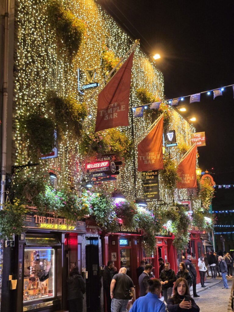 The Temple Bar pub covered in lights