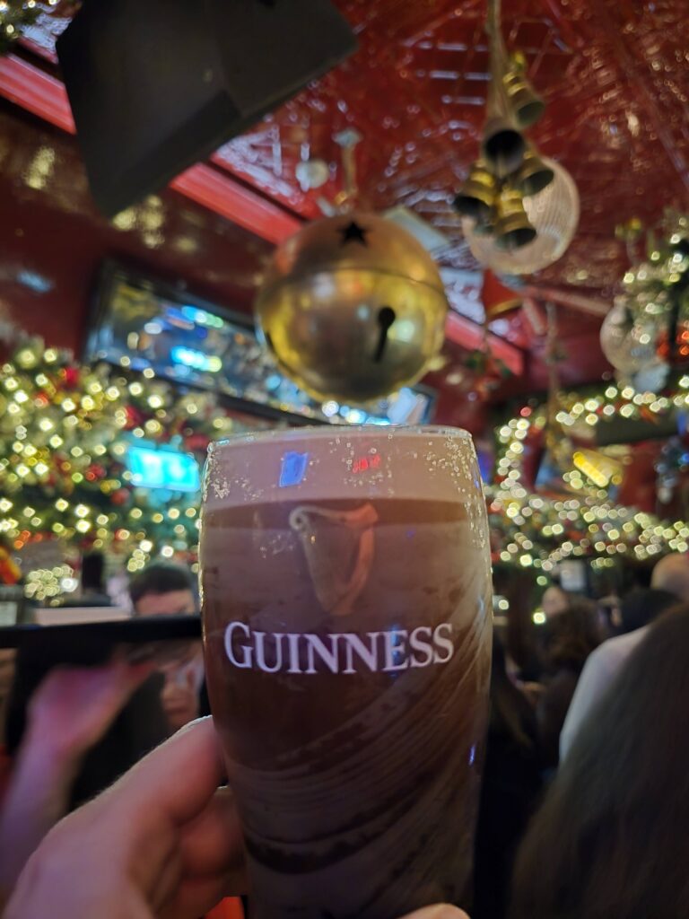 A pint of Guinness under the decorations